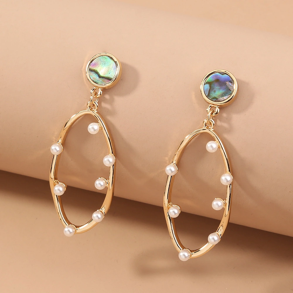 Simple And Versatile Female Face Thin Pearl Earrings Natural Abalone Shell Oval Hollow Earrings