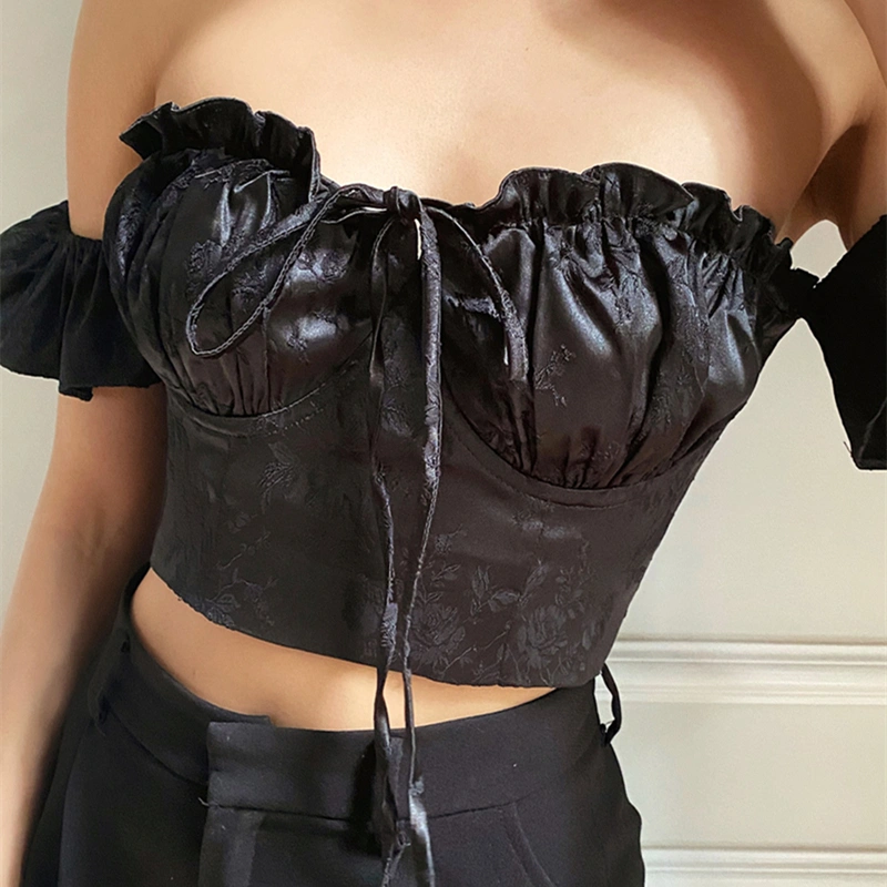 Palace Retro Style Jacquard Wood Ear Lace-up One-shoulder Sexy Breast-wrapped Female Early Summer Slim Short Crop Top
