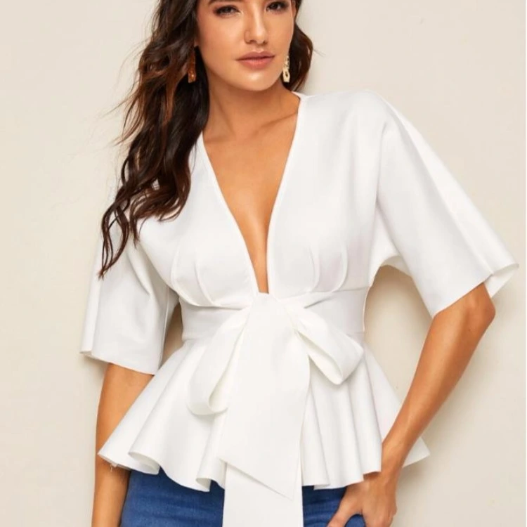 Women'S Deep V Sexy Ruffled Hem Belted Shirt
