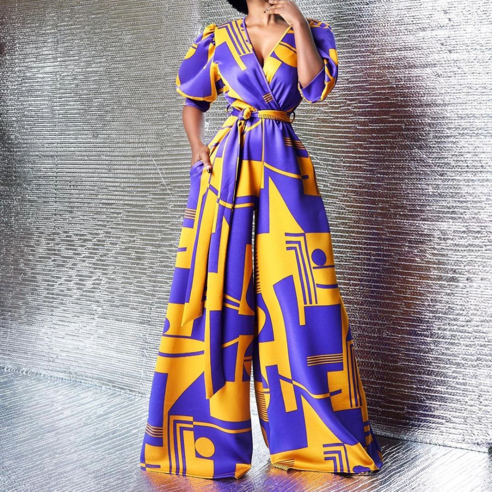 High-waist V-neck Printed Wide-leg Jumpsuit With Waistband