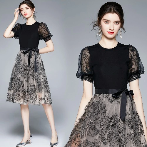 Stitching Puff Sleeve Dress Female Design Sense Mid-length Mesh Skirt