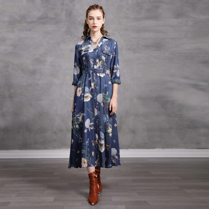 Tencel Printed Temperament Long Skirt Retro Denim Dress