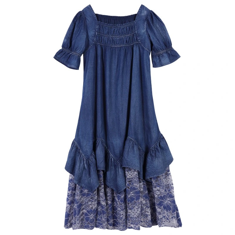 French Retro Lace Stitching Loose Large Size Mid-length Skirt Summer Ruffled Short-sleeved Dress