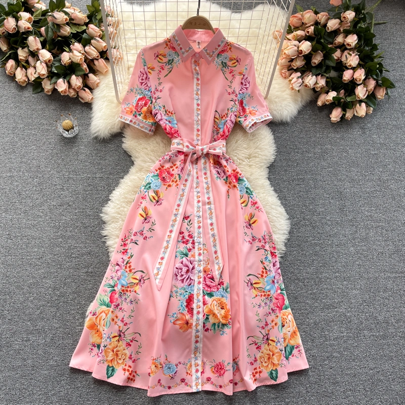 Women's POLO Collar Breasted Slim Elegant Printed Dress Skirt Trend