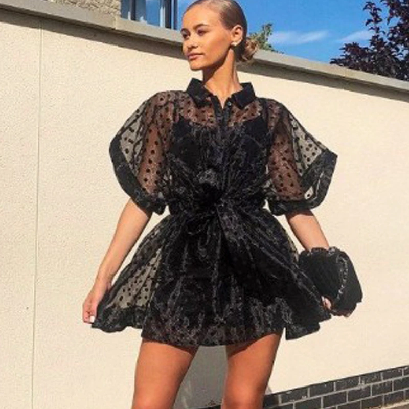 See-through Sexy Organza Blouse Lined With Suspenders Two-piece Casual Dress Women