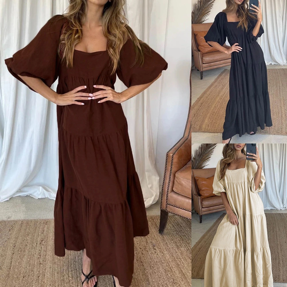 New Solid Color Splicing Puff Sleeve Back Lace Dress Long Skirt