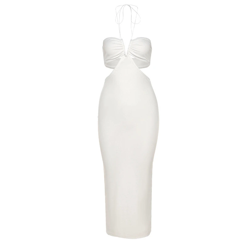 Summer New Style Women's Hanging Neck Fashion Sexy  Back Low-cut Slim Solid Color Dress
