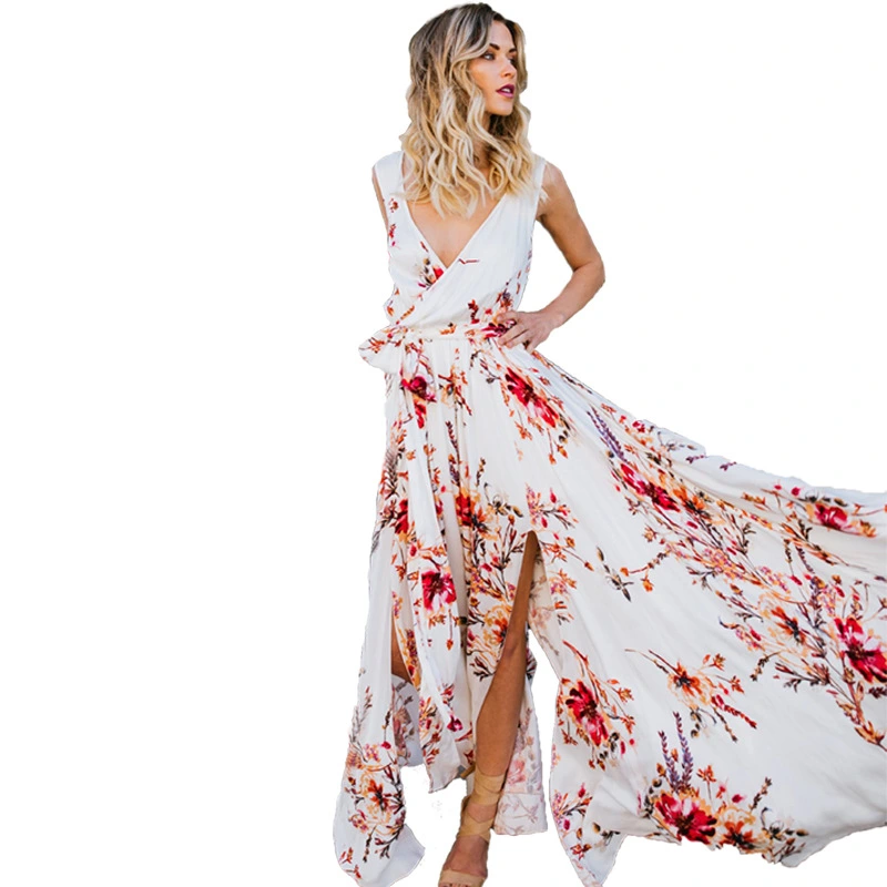 Bohemian Dress V-neck Printed Chiffon Skirt