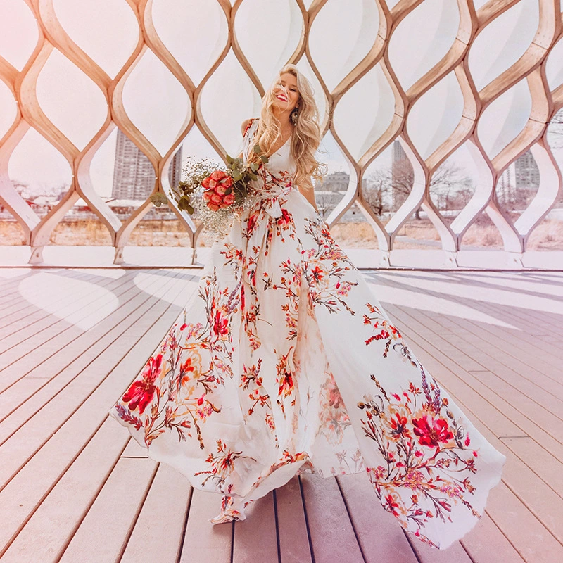 Bohemian Dress V-neck Printed Chiffon Skirt