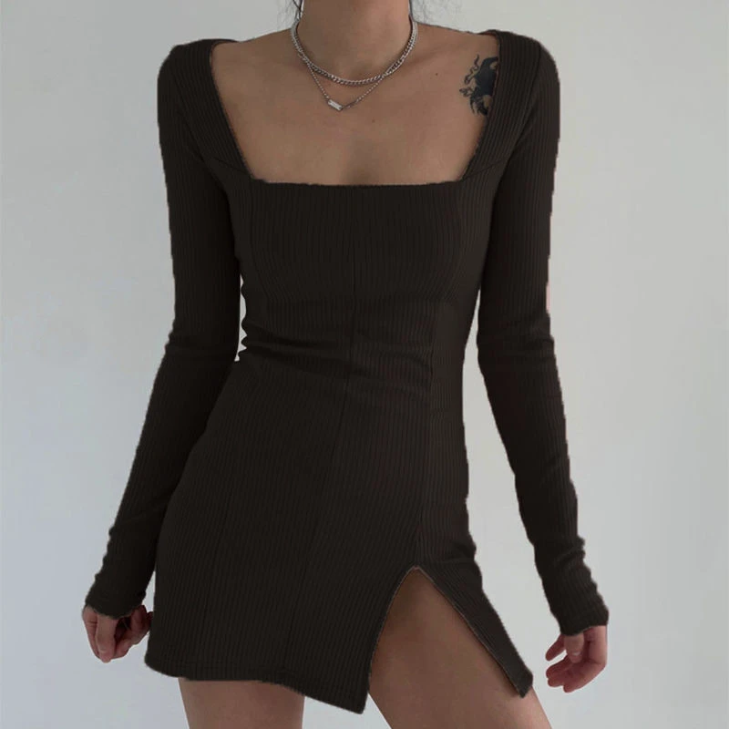 Split Long-sleeved Slim Bag Hips Slim Short Skirt Europe And America