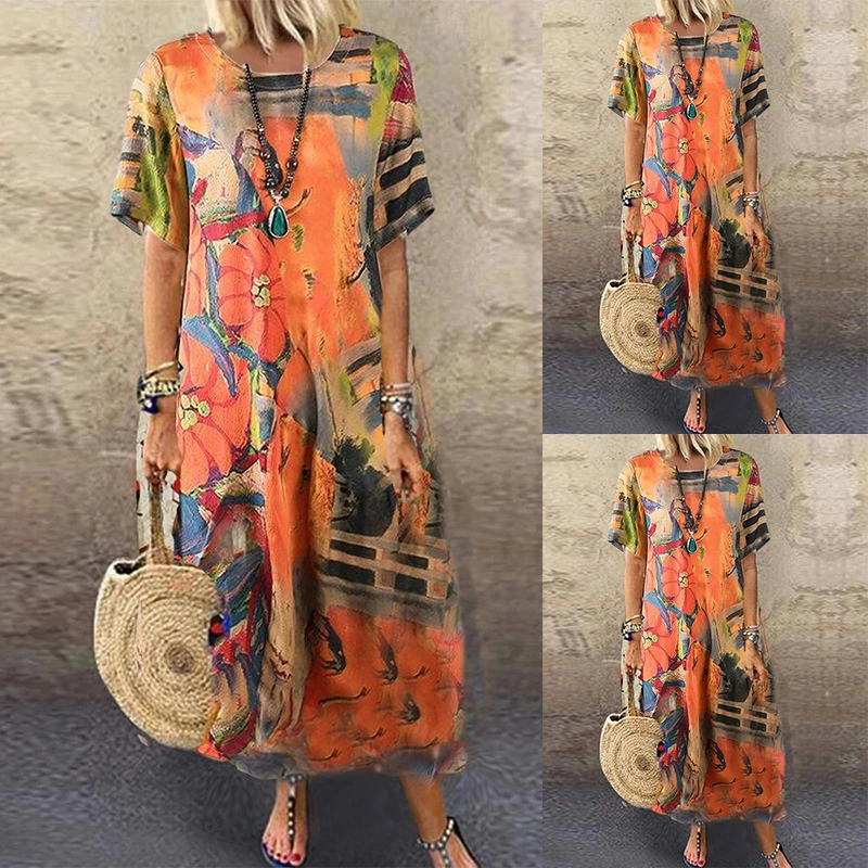 Fashion Loose Round Neck Print Short Sleeve Dress Long Skirt