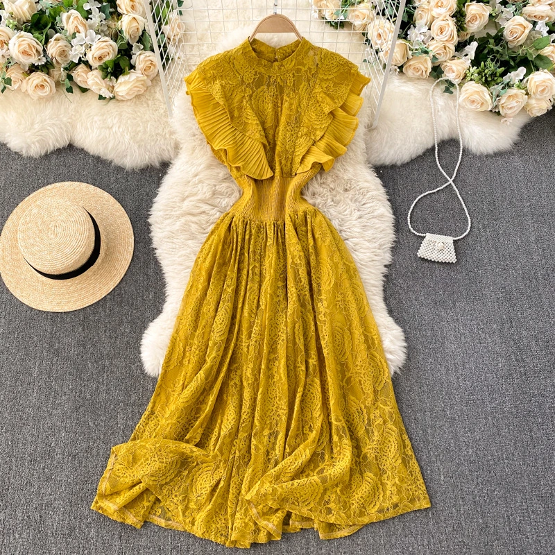 Pleated Ruffled Waist, Thin Lace Dress, Spring Dress