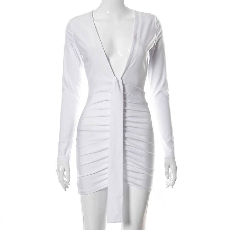 European And American Women's Sexy Solid Color Low-cut Lace-up Dress