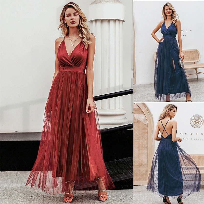 Back Mesh Dress Simple Slit Long Skirt Women
