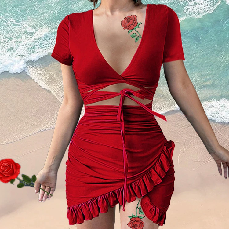 New Summer Lace Irregular Short Skirt High Waist V-neck Sexy Dress