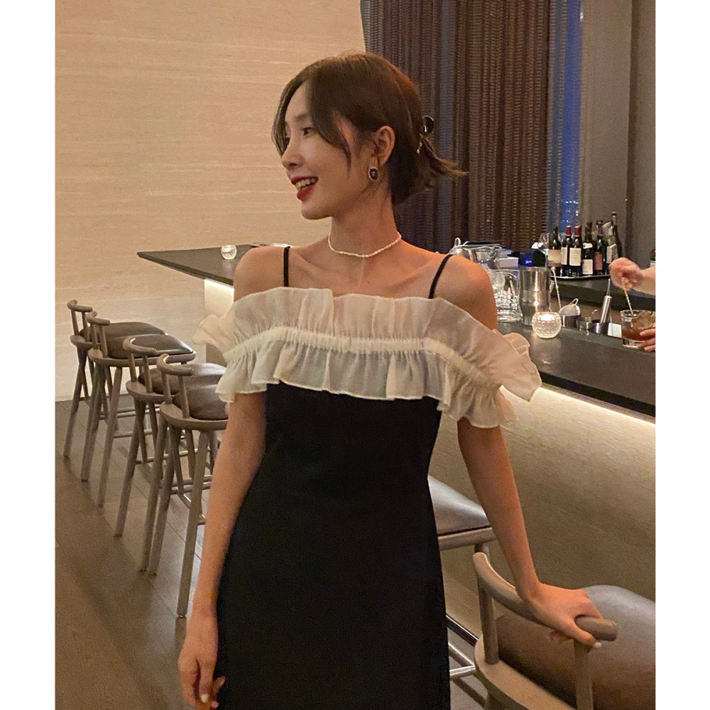 Vrouwen Zomer Franse Stijl Elegante Geplooide Mesh Stiksels Ontwerp Trekkoord Off Shoulder Jurk Mode Sexy Lange Party Dress