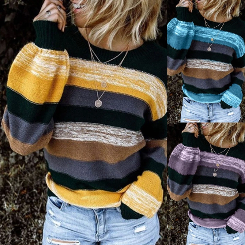 Round Neck Contrast Stitching Long-sleeved Loose Striped Knitted Sweater Women