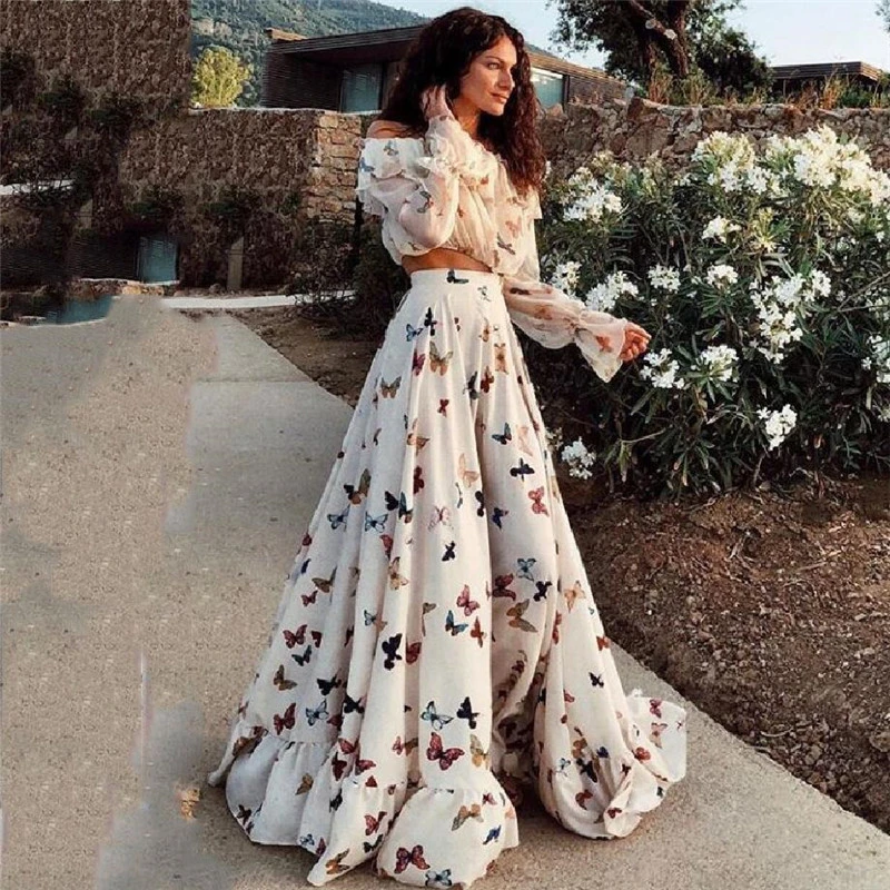 Printed Two-piece Bohemian Large Skirt Long Skirt Beach Dress