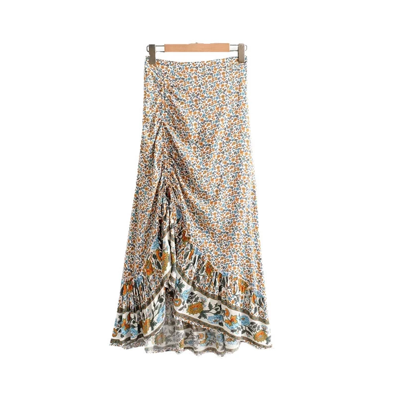 Holiday Style Irregular Folds Elastic Waist Printed Midi Skirt