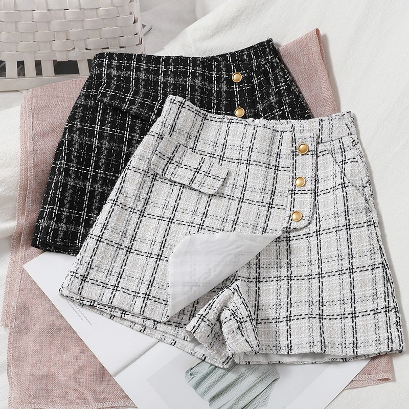 Versatile Age Reducing Irregular Plaid Skirt Pants Korean Version High Waist Tweed Shorts Wide Leg Pants Straight Pants