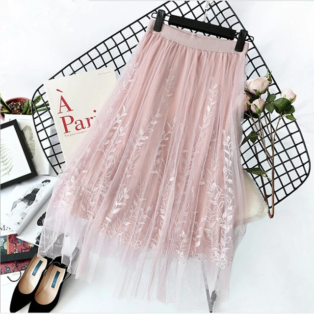 Floral Embroidery A-Line Skirt Lace Mesh Skirt