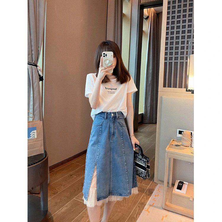 Mid-length Slit Design Niche Mesh Stitching Skirt