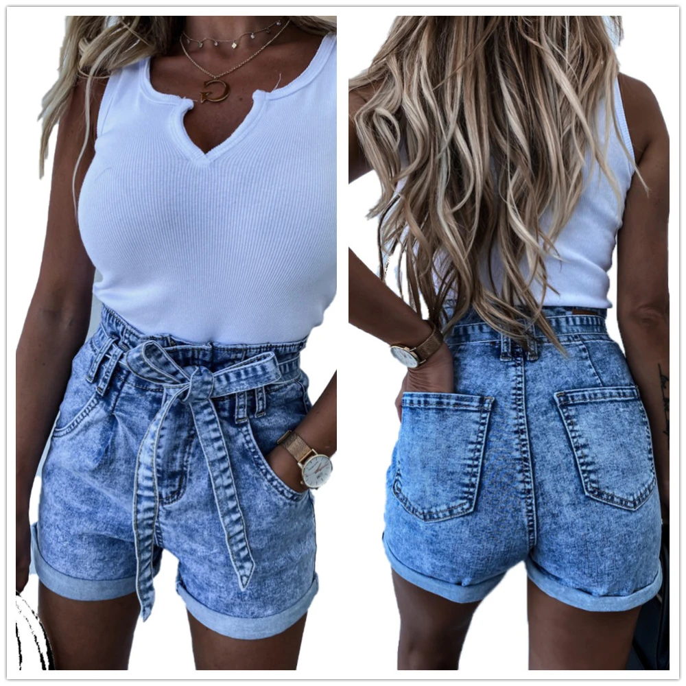 Snowflake High Waist Lace-Up Denim Shorts