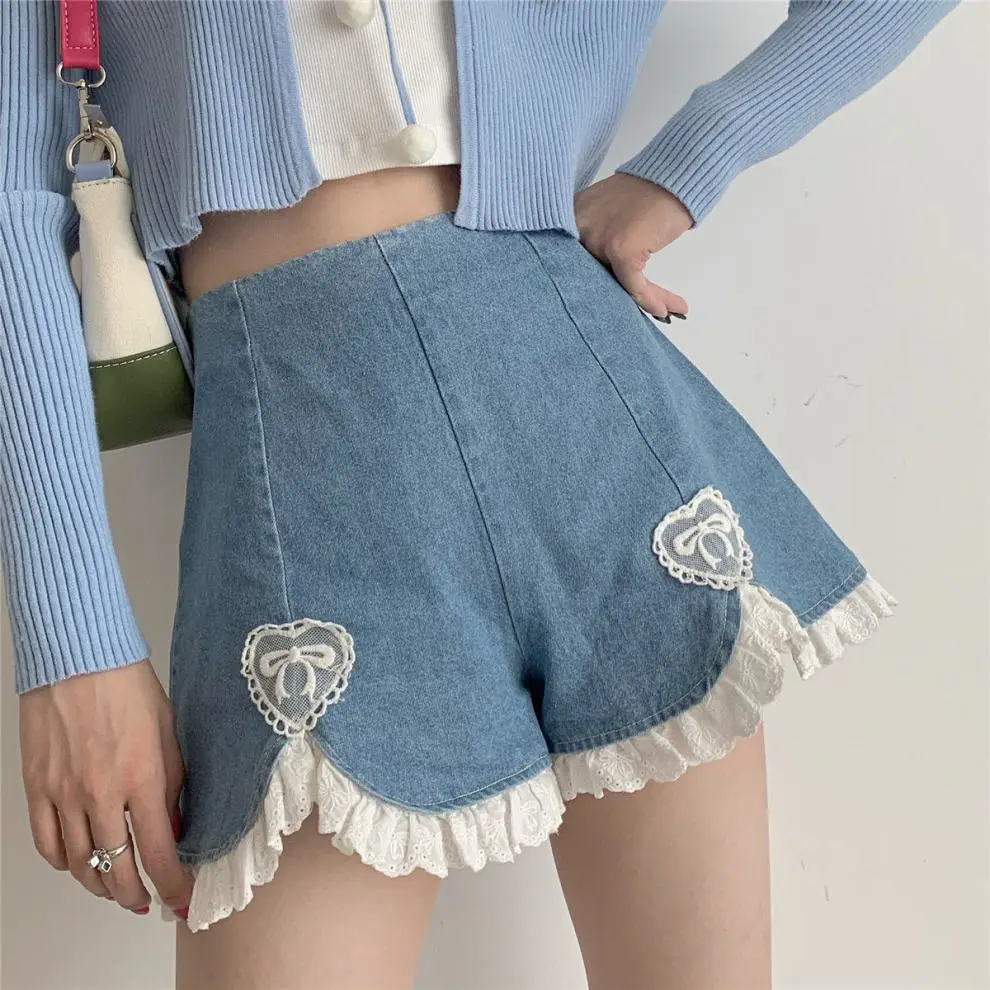 Soft Girl Cute Love Lace Denim Wide Leg Pants Shorts