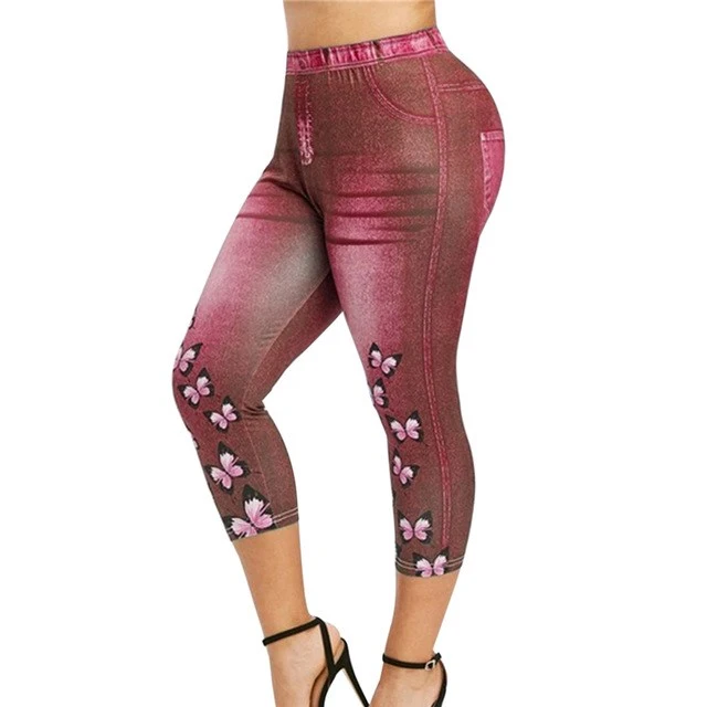 Women Mid-Calf Leggings Imitate Jeans Printed Stretch