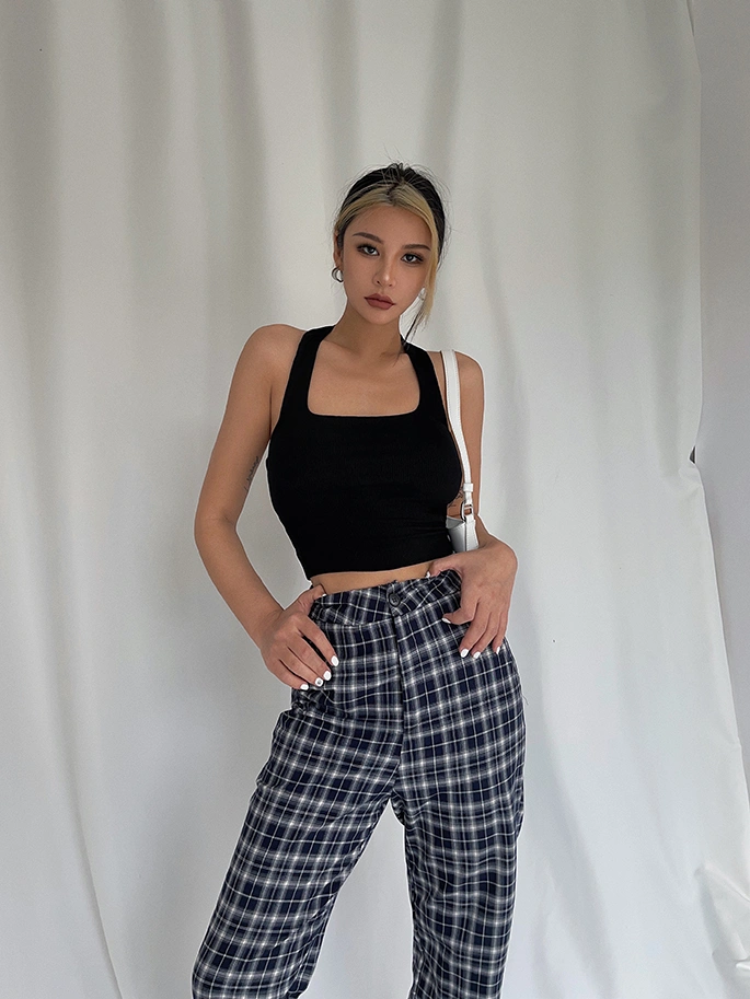 Retro Slit Check Trousers High Waist Loose And Thin