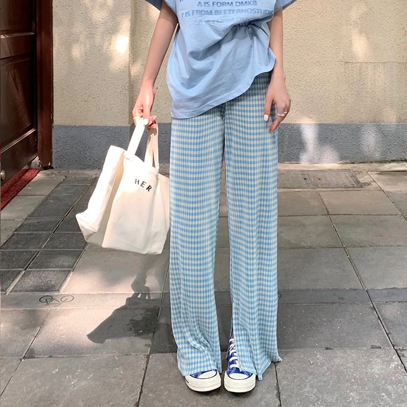 Blue Plaid Slit Casual Wide Leg Pants