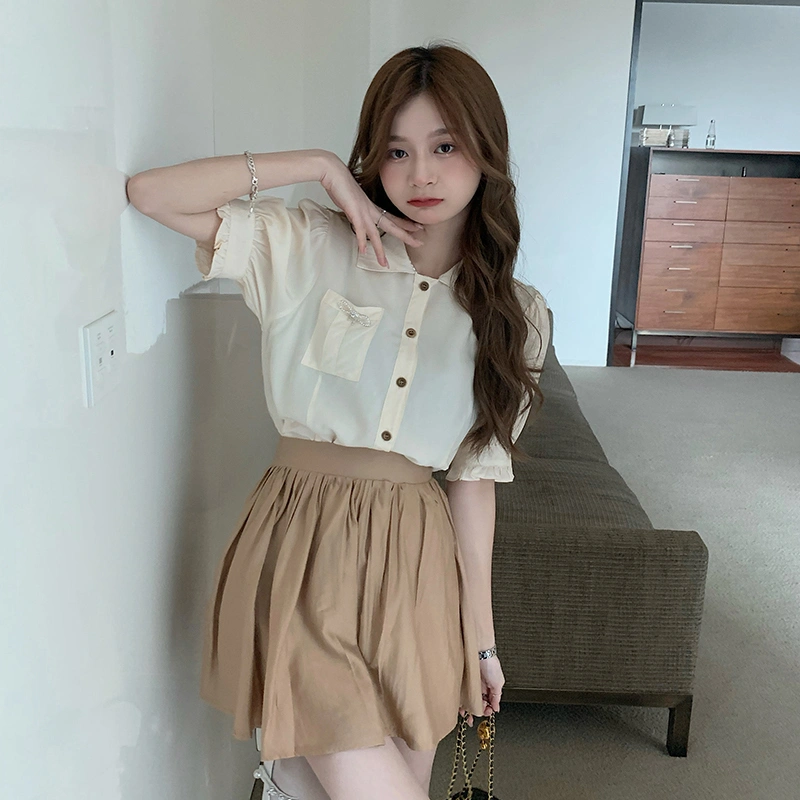 Bubble Short Sleeve Shirt Top High Waist