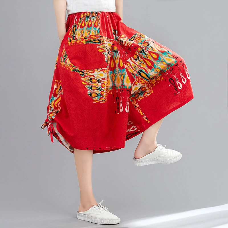 Cotton And Linen Ethnic Print Cropped Wide-leg Pants