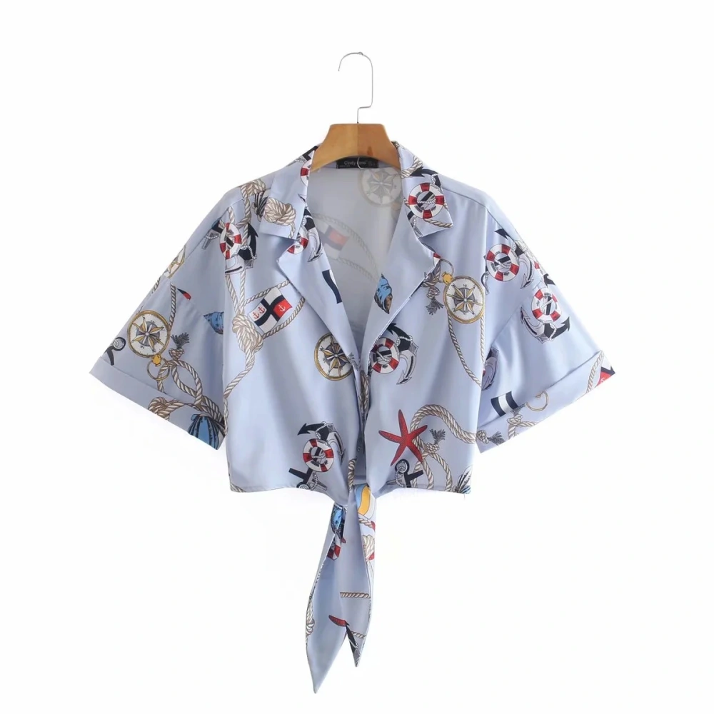 Fashion Loose Knotted Shirt Printed Lace-up Short Casual Shirt