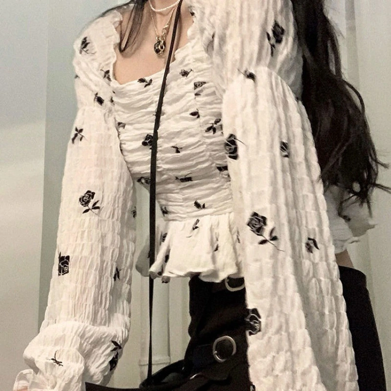 One Piece On Behalf Of The Party Collar Short Print Jacket Leather Button Black Pleated Wild Rose Puff Sleeves