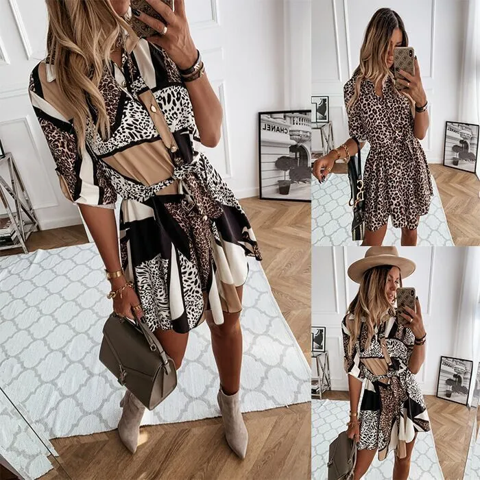 Sleeve-in-sleeve Long-sleeved Fashion Sexy Printed Shirt Dress With Buttons