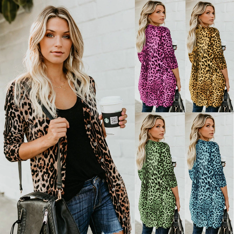 Women's Sexy V-neck Long Sleeve Button Print Cardigan Jacket