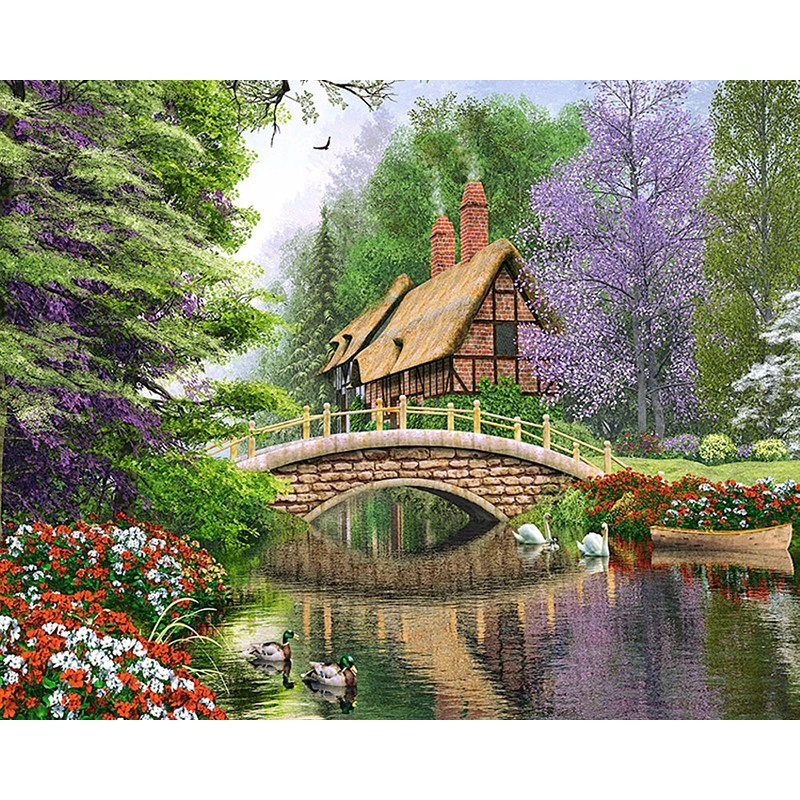 Diamond Painted Bridge, KBL Embroidery, Purple Flowers And Trees, Rhinestones, Cross Stitch