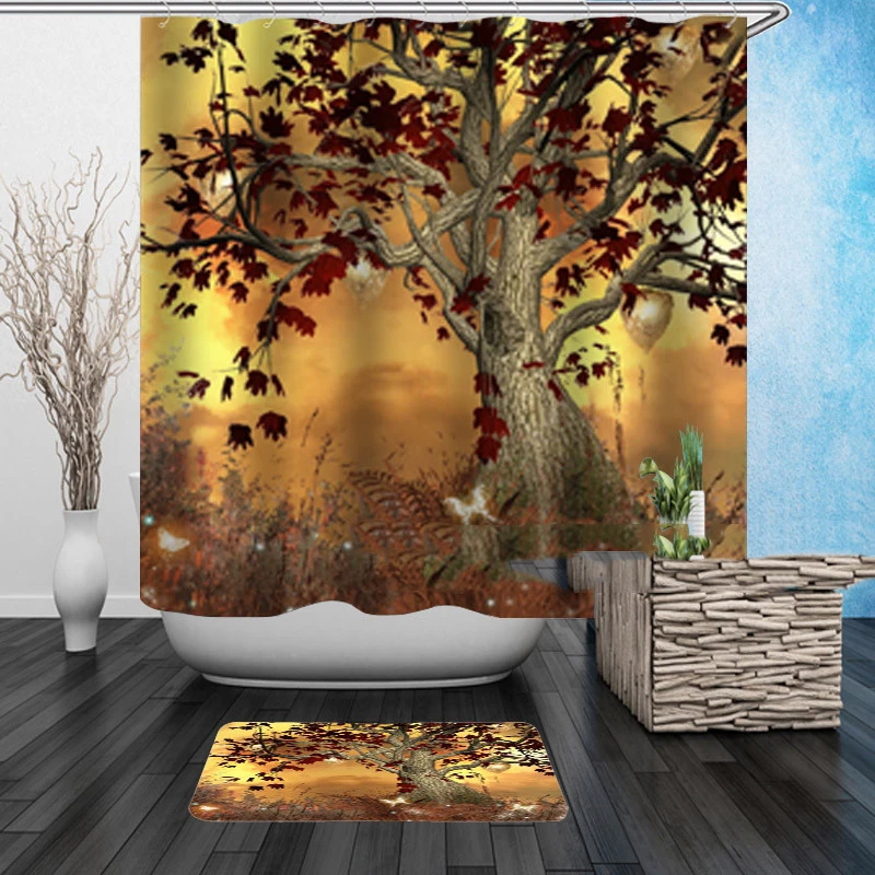 Colorful Ink Digital Printing Waterproof Mould Proof Tree Shower Curtain C Type Plastic Hook Pure Copper Buttonhole Can Be Thickened