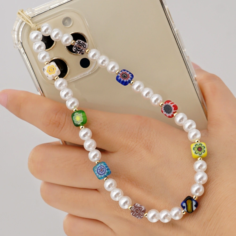 Cross-border Fashion Pearl Glass Flower Beads Beaded Mobile Phone Chain Lucky Eye Mobile Phone Lanyard Female Diy Custom Ornaments