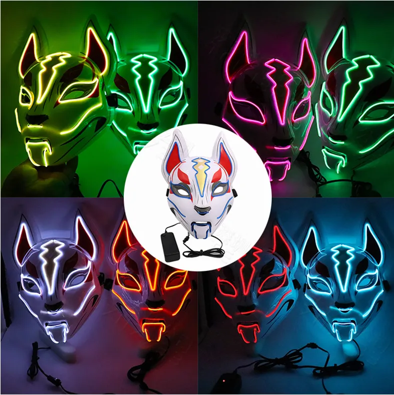 Glowing Cat Face Mask For Women Demon Slayer Cold Light Fox Mask Masquerade Cosplay Props Bar Haunted House Christmas Decor