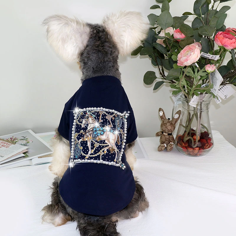 Schnauzer Teddy Clothes Summer Thin T-shirt White Horse Inlaid Diamonds