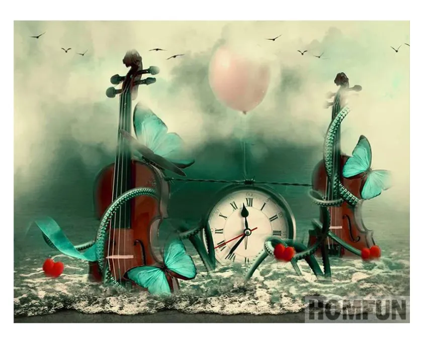 Alarm Clock Violin Diamond Embroidery Cross Stitch Home Decoration