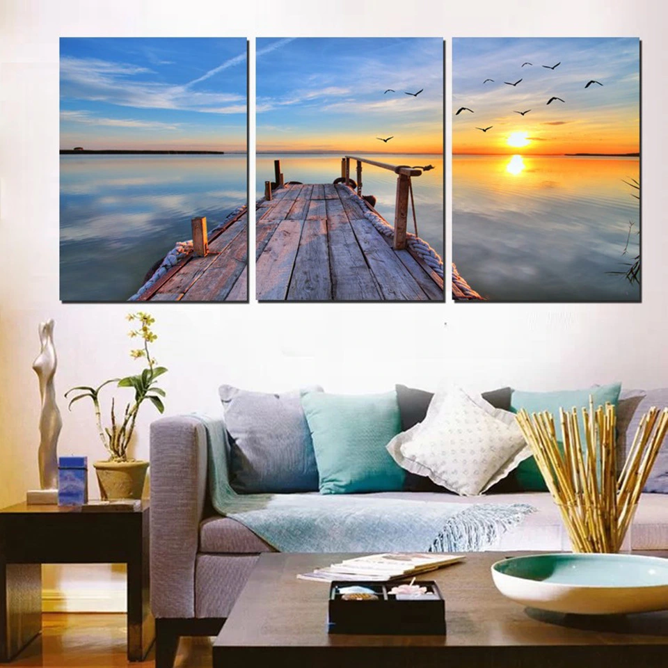 High-Gloss Chemical Fiber New Decorative Painting Triptych Dusk