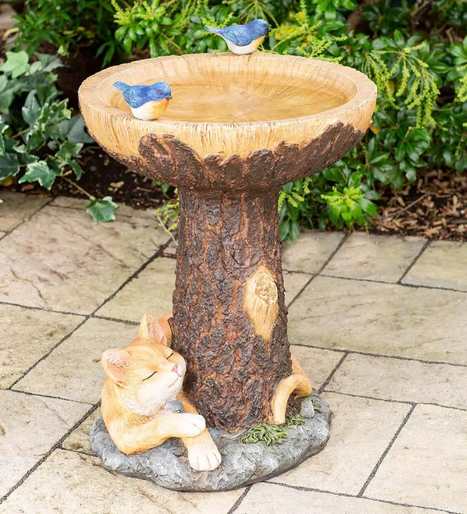 Resin Tree Stump Cat Flower And Bird Bath Decoration Crafts