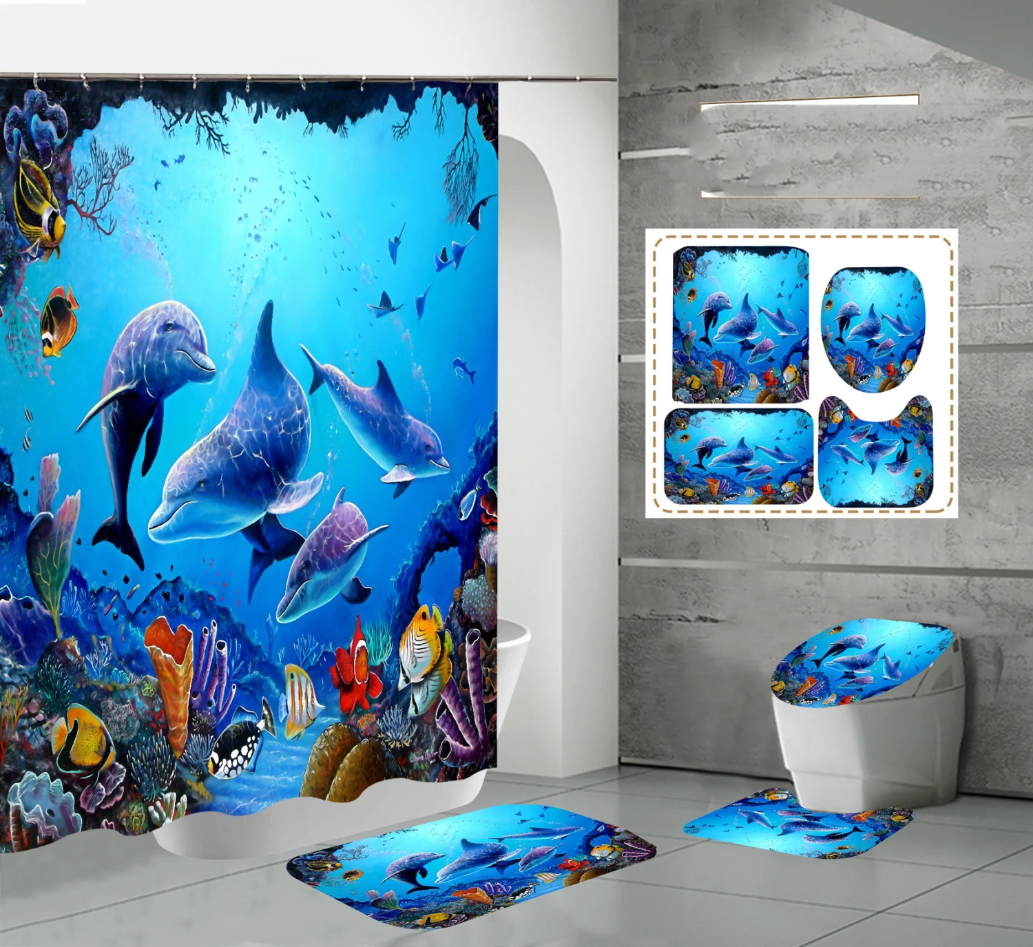 HD Digital Printing Waterproof Polyester Marine Creature Dolphin High-End Bathroom Shower Curtain