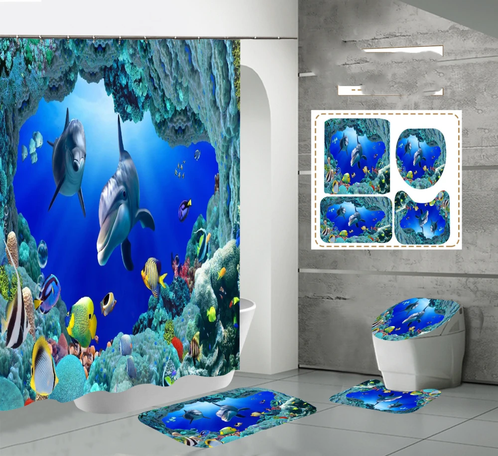 HD Digital Printing Waterproof Polyester Marine Creature Dolphin High-End Bathroom Shower Curtain