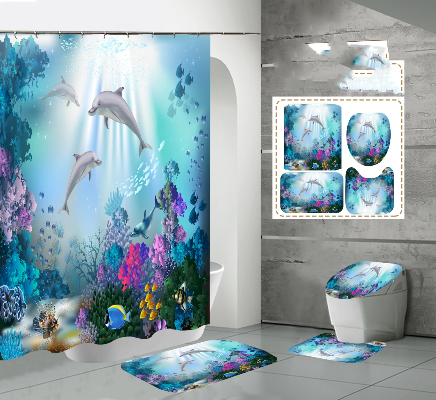 HD Digital Printing Waterproof Polyester Marine Creature Dolphin High-End Bathroom Shower Curtain