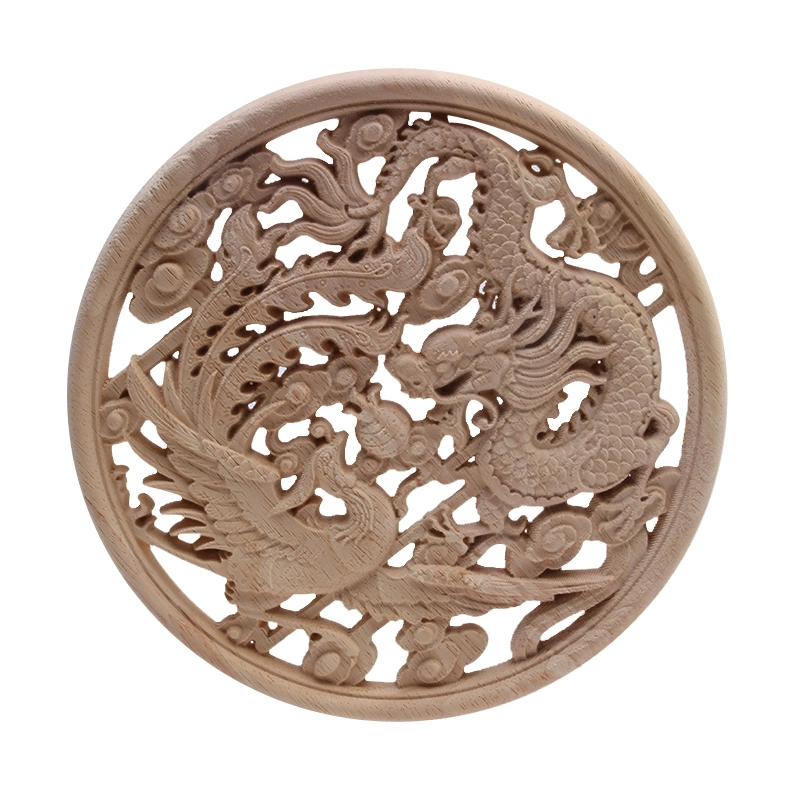 Solid Wood Dragon And Phoenix Round Flower Factory Direct Sales Carved Decorative Furniture Wood Decals