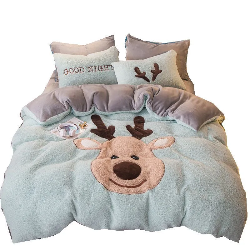 Lamb Velvet Patch Embroidered Dinosaur Suit Four-piece Set On Christmas Bed